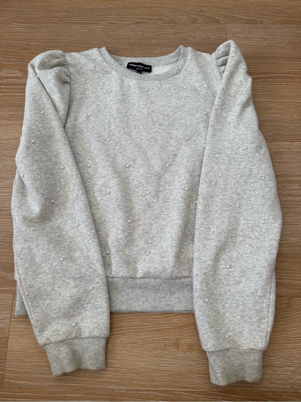 Generation Love Light Gray Pearl-Embellished Puff-Sleeve Crewneck Sweater